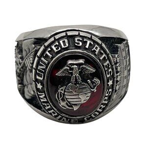 Balfour USMC Ring Red Stone BAL CEL Marines Sz 10 Iwo Jima Tun Tavern Silvertone